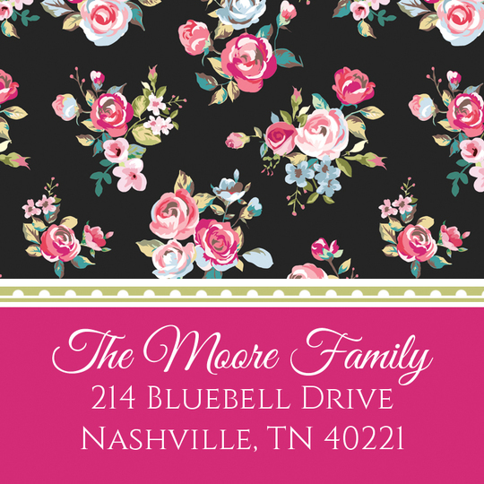 Black Vintage Petite Roses Square Address Labels